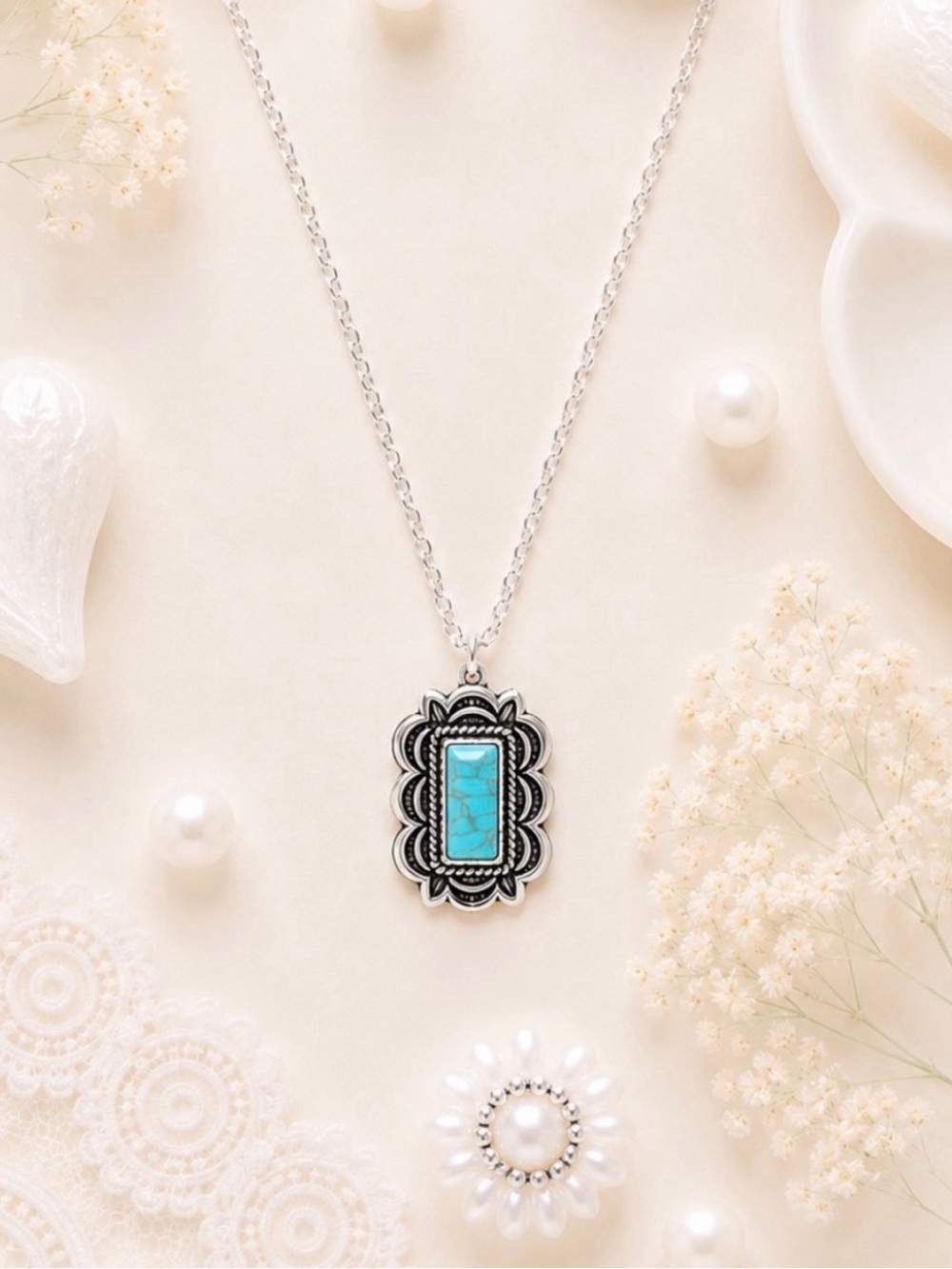 Turquoise Stone Silver-Tone Pendant Necklace - NWOT